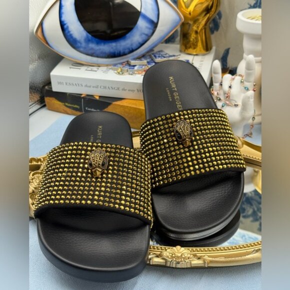 🆕 KURT GEIGER LONDON 🧿 NWOB Meena Eagle Black & Gold Studded Slide, Sz 8.5 - Picture 8 of 12